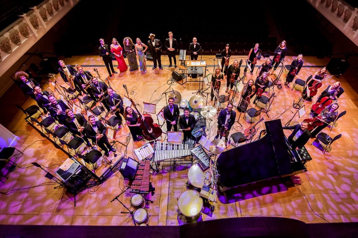 An aerial shot of the whole orchestra.