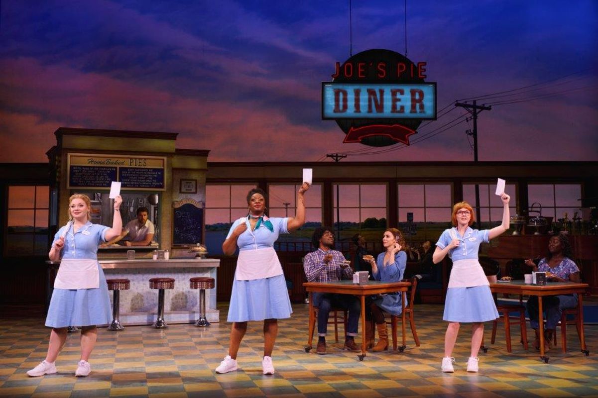 Three ladies in waitress uniform in a diner each holding up a piece of paper
