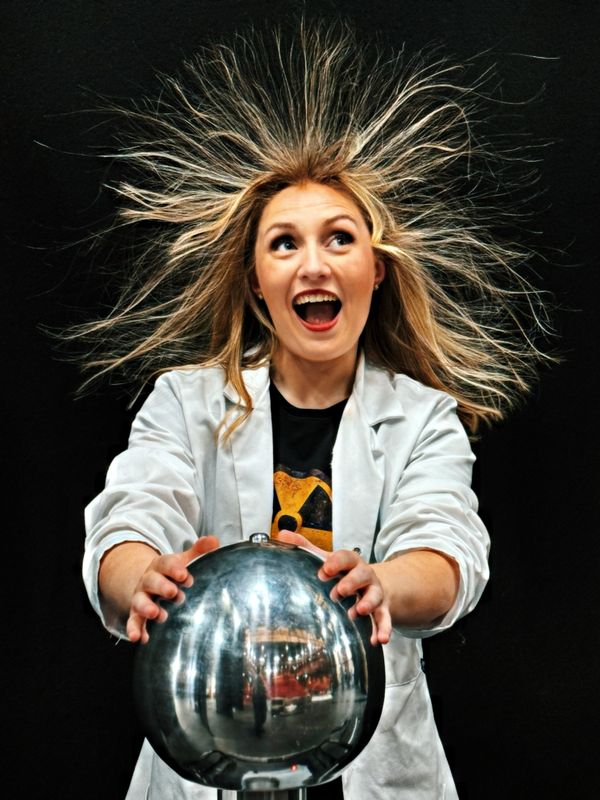 A person touches a metal conductor with static hair.