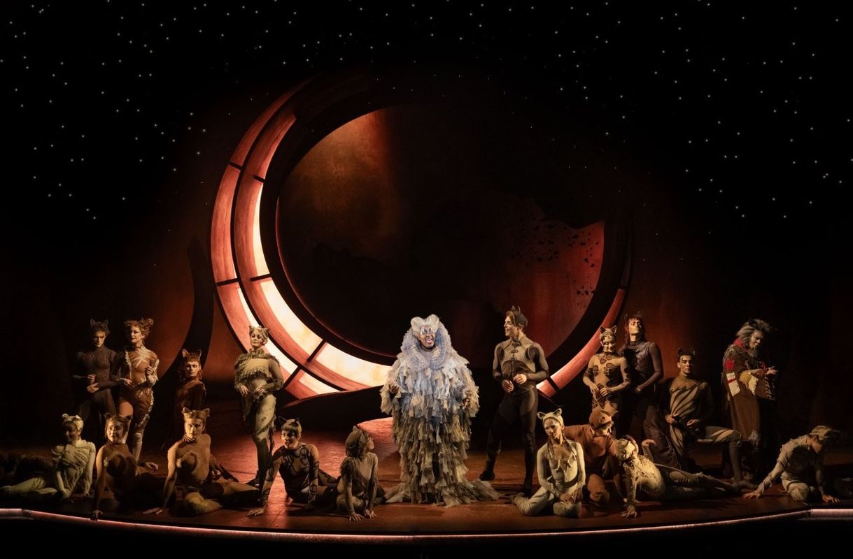 A theatrical stage scene from "Cats" shows performers dressed in detailed cat costumes. They are posed around a central figure in elaborate attire, set against a backdrop featuring a large, stylized moon and starry sky.