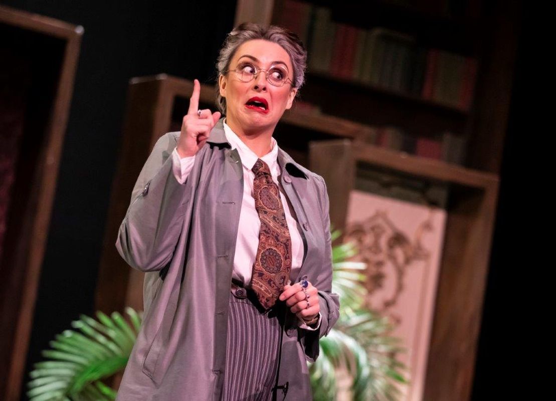 A performer in theatrical makeup and a grey suit gestures dramatically on stage. Background shows a bookcase and plants, creating a comedic tone.