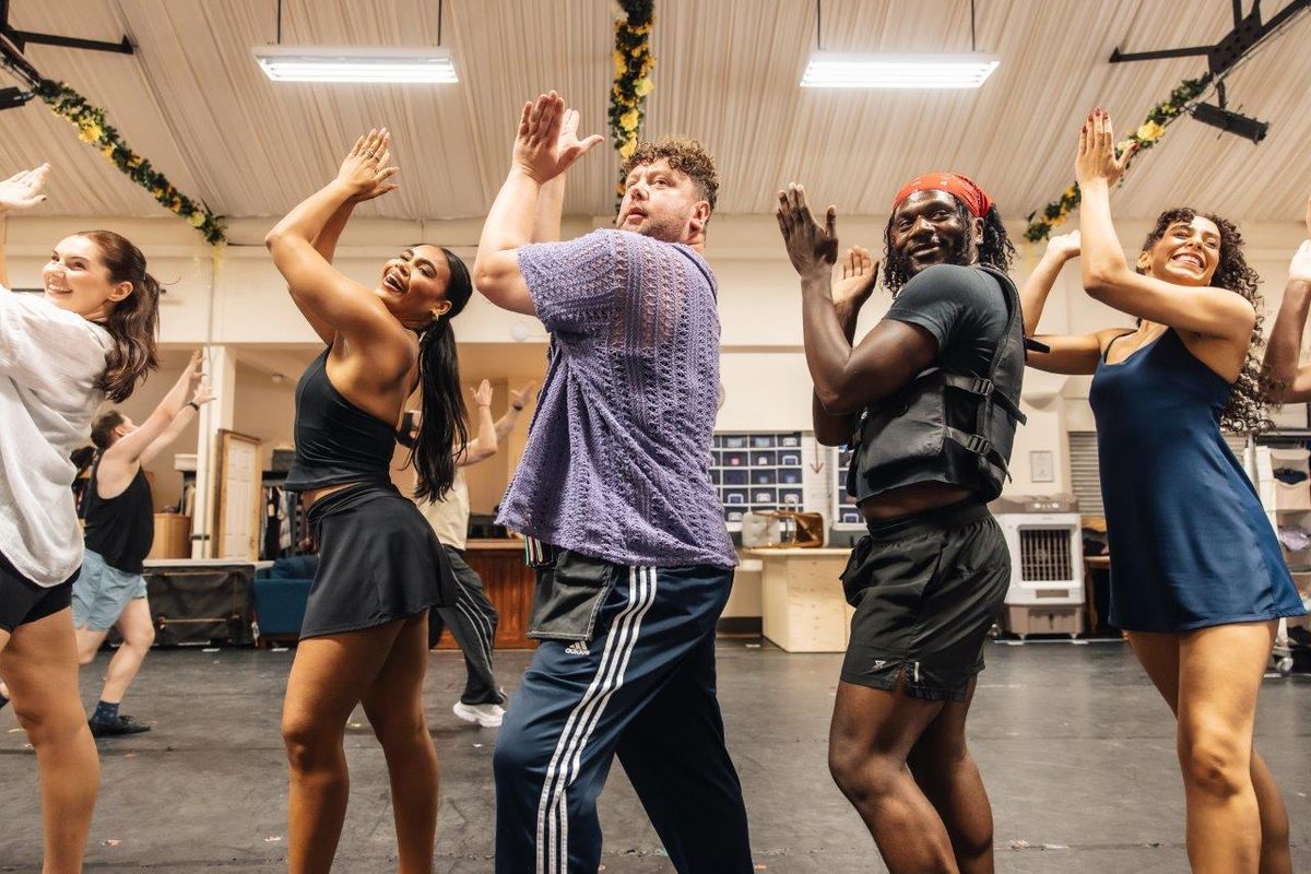 The cast of Mrs Doubtfire Rehearsing in studio space