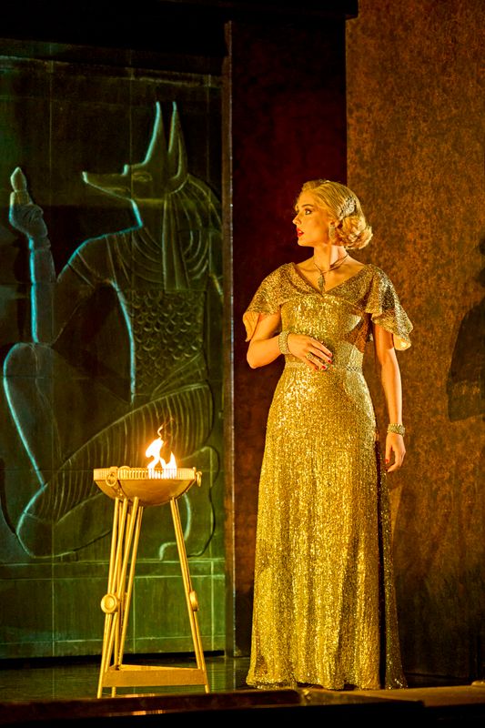 A person in a gold sparkly dress  stands next to a firepit. 