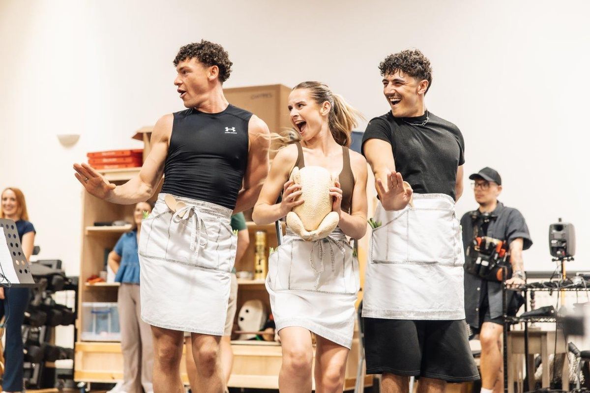 The cast of Mrs Doubtfire Rehearsing in studio space