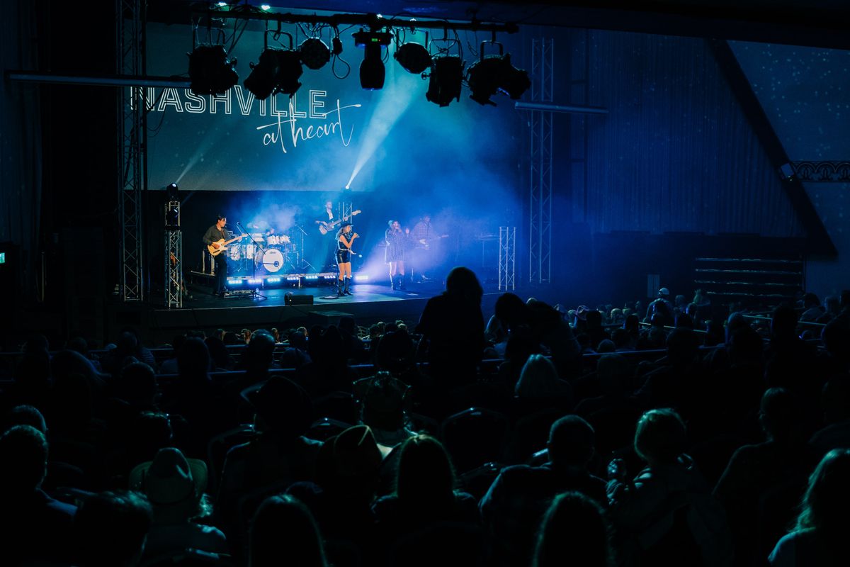 An audience watch the band perform.