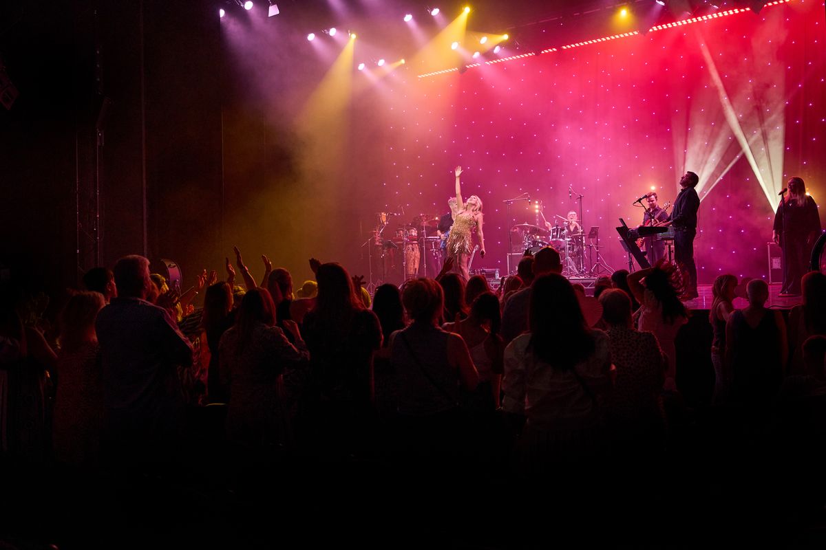 A performer on stage raises an arm amidst colorful lights, including purple and yellow beams. The background is illuminated in red with star-like dots. A band with various instruments is present, and an enthusiastic audience stands and cheers in the foreground.