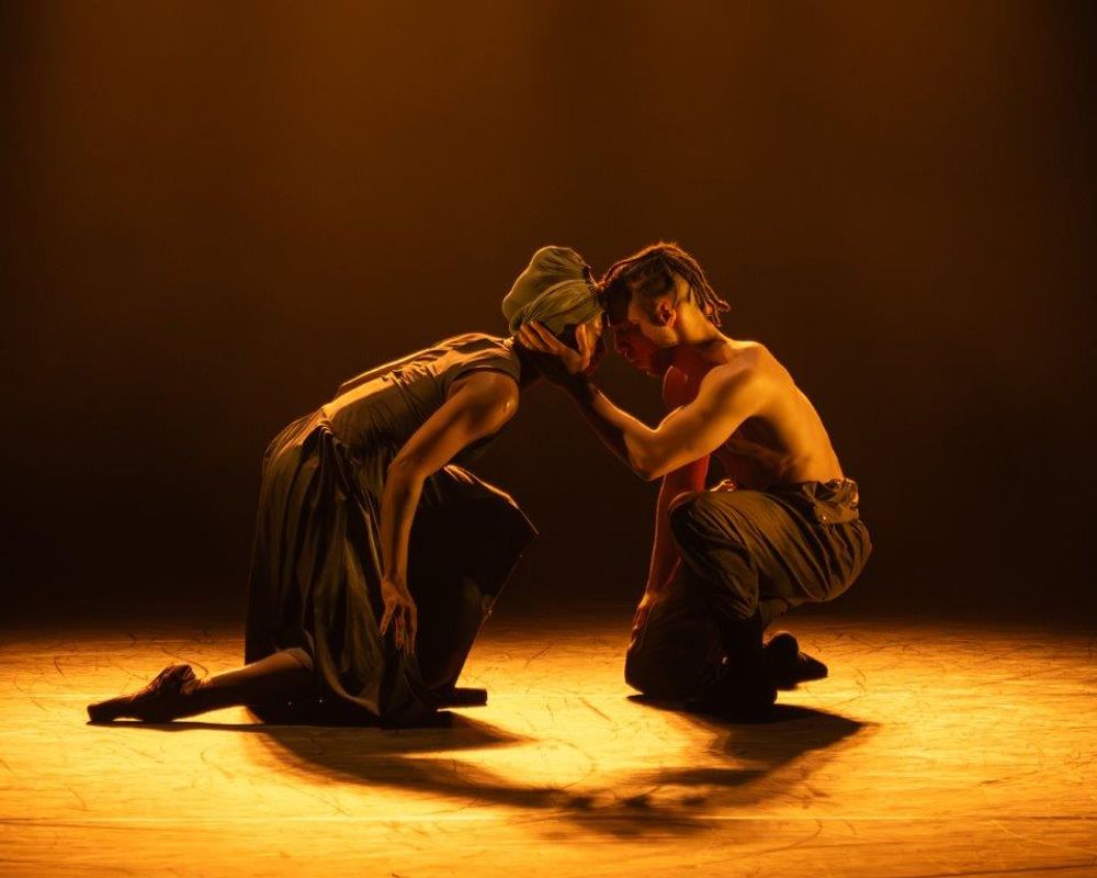 Two dancers on stage with a soft light on them, one has the other's head in their hands